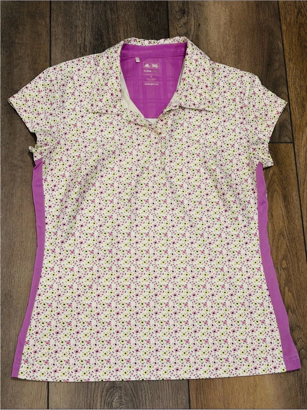 adidas Golf White Floral Button-Down Polo with Purple Accents